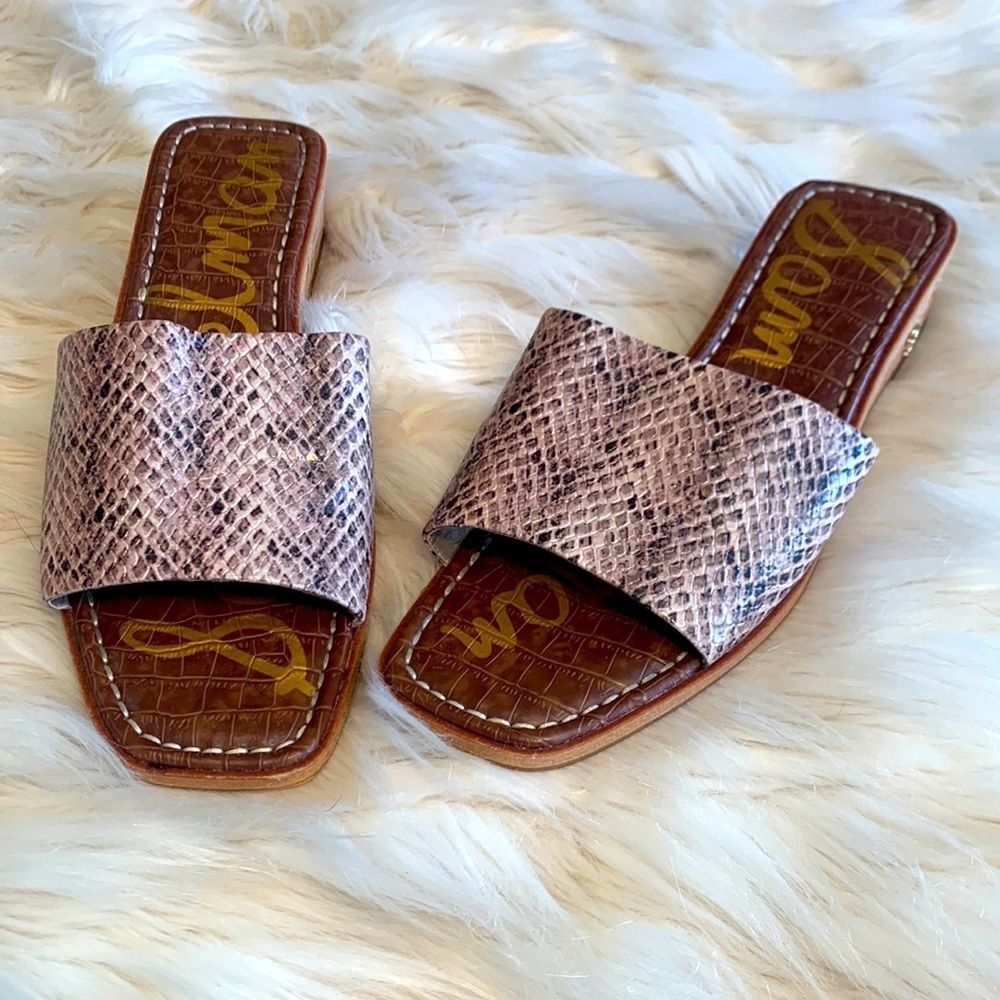 SAM EDELMAN Beige Snakeskin Valery Square Toe Wedge Slip On Slides Sandals 8 M